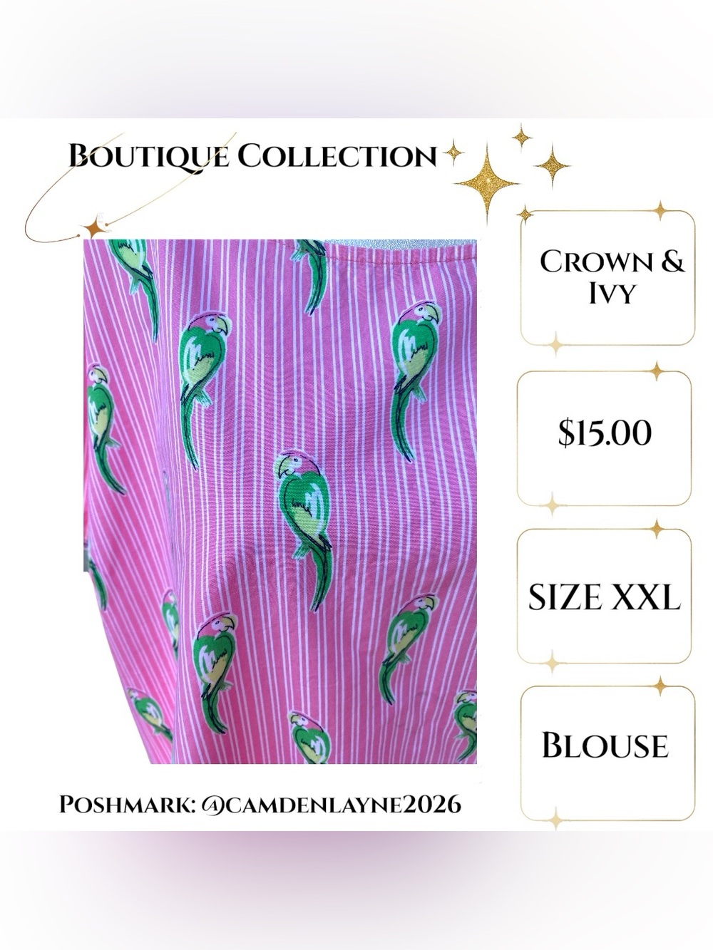 crown & ivy Pink Short Sleeve Peplum Top with Parrot Print. Tie back. - Picture 7 of 8